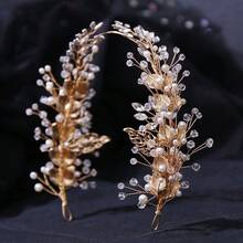 1pc Elegant Fairy Gold Tone Wire-Wrapped Crystal Pearl Leaf Bridal Headband -Wedding Hair Accessory For Brides, Bridesmaids, Balls &Special Occasions - Gold - View 2