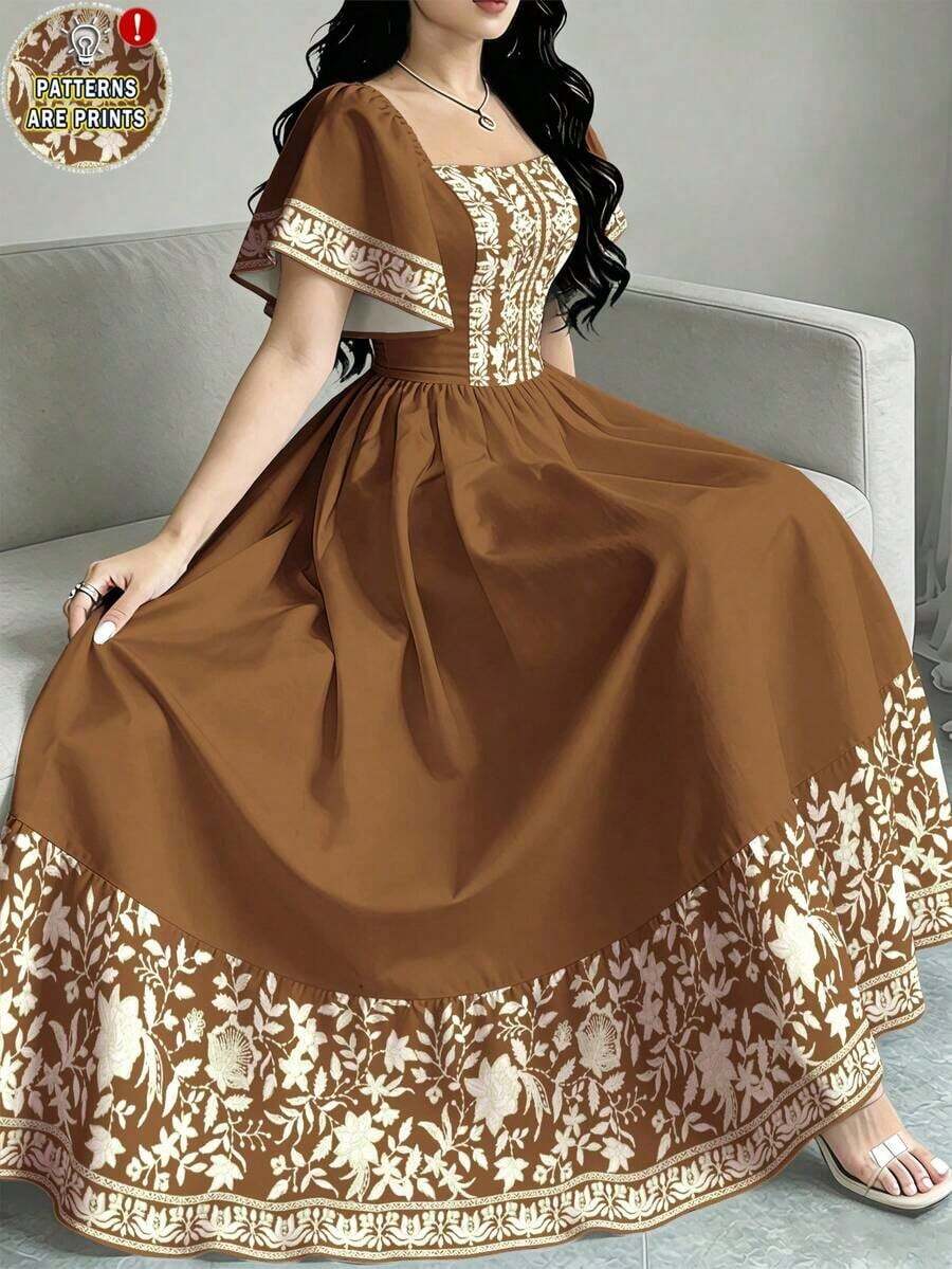 Vestido de manga corta con cuello cuadrado y estampado floral, vestido de longitud media con cintura ceñida, vestido largo con estampado floral verde para el verano - Multicolor - Ver 1