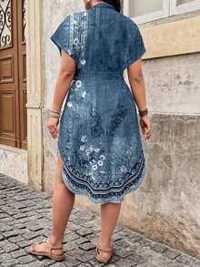 Vestido de manga corta con escote en pico asimétrico y estampado de líneas abstractas, adecuado para el verano, talla - Azul - Ver 2