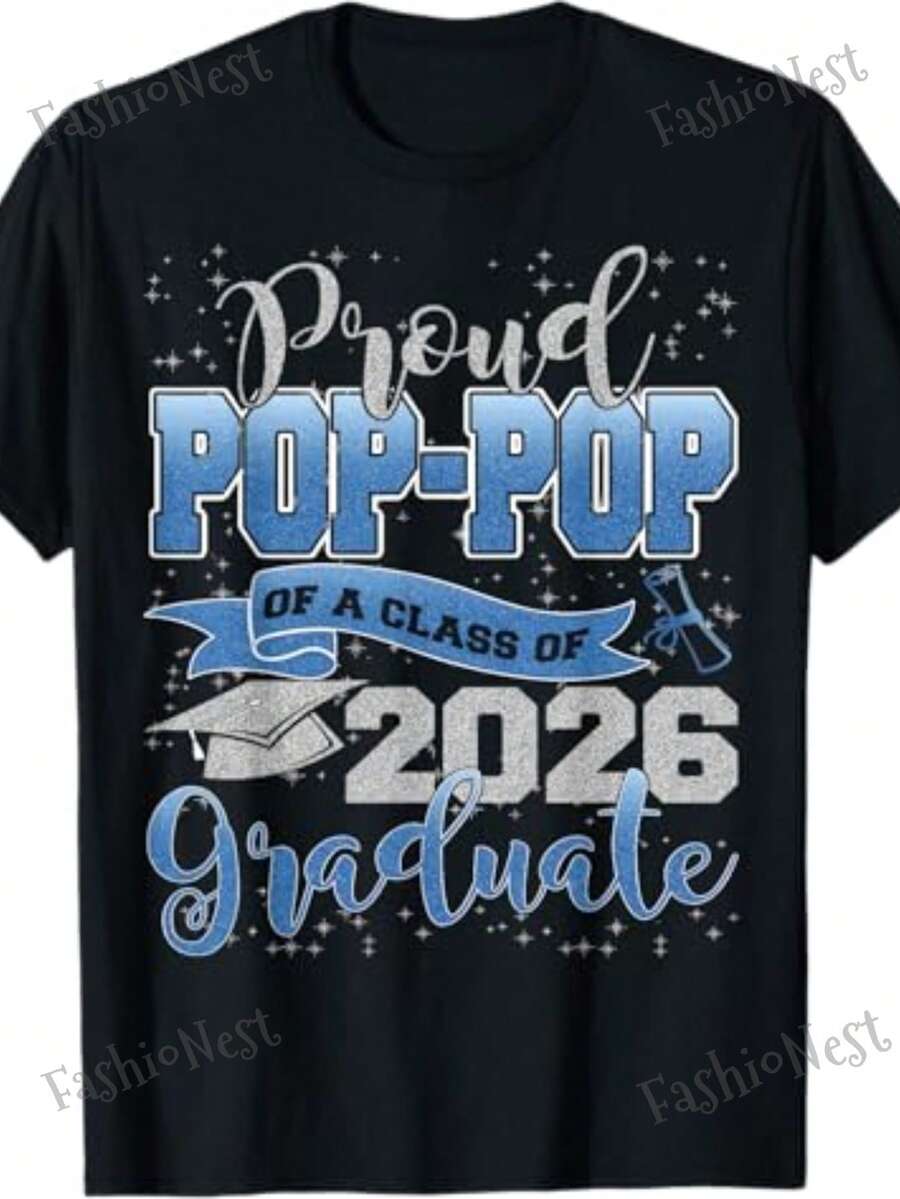 "Proud Grandfather Of A Class Of 2026 Graduate" Graduation T-Shirt, "Proud Grandfather Of A Class Of 2026 Graduate" Graduation T-Shirt, Cool T-Shirt For College Family Members, 100% Casual, Crew Neck, Short Sleeve, Suitable For Both Men And Women, Soft And Breathable, Spring/Summer Comfort, Graduation T-Shirt F - 灰色 - 查看 1