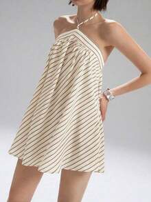 Apricot Striped Mini Dress With Waist Tie And Open Back For Women, Style 2026. Perfect For Casual Wear, Everyday Wear, Dates And Basic Fashion Looks. - 櫻桃紅 - 查看 3
