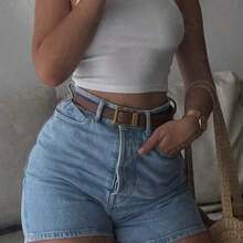 Nana's Women's Clothing Store Pantalones cortos de mujer de mezclilla marrón, estilo recto casual con botones y bolsillos, tela con estiramiento medio, cómodos y de moda para el verano - Gris medio - Ver 3