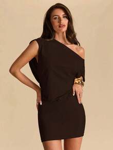 Solid Color Fitted Mini Dress With Asymmetrical Neckline And Open Back, Elegant Outfit For Beach Vacation - 深灰色 - 查看 7