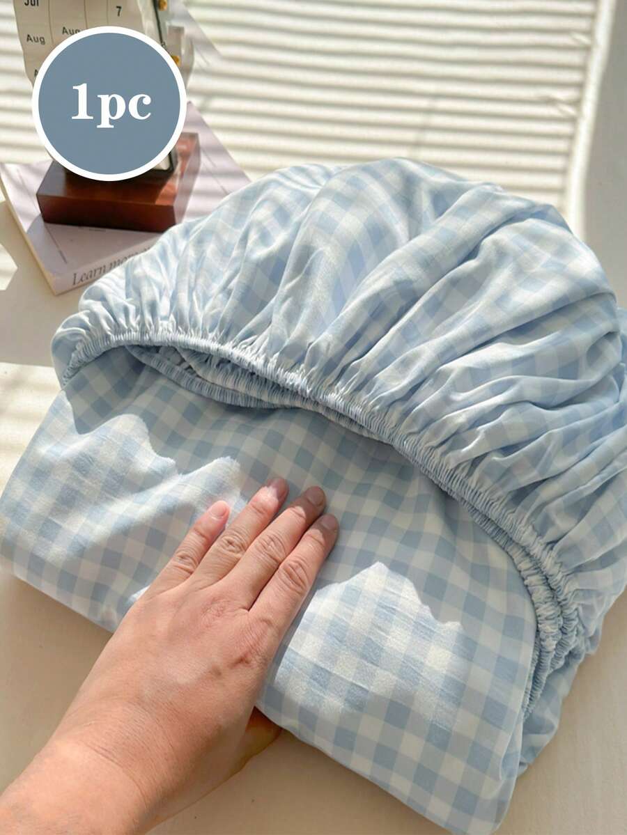 1件裝藍白格紋包床單，日式風格，適用9至12英吋厚床墊，柔軟防皺透氣舒適，床單床具床墊保護套，親膚材質，適用雙人/Full/Queen/King尺寸床 - 藍白色 - 查看 1