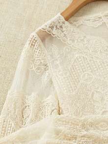 Bohemian Style V-Neck Ruffled Lace Button Down Shirt - Summer Sheer Flare Sleeve Casual Cover Up - Apricot - View 8