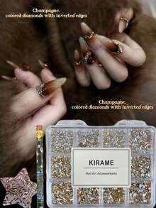 KIRAME 960顆香檳色平底水鑽，高品質超亮美甲寶石套組，含1件點花工具，1-5mm亮面美甲水晶，適用DIY居家美甲、美甲沙龍、美甲用品、夏季與旅行美甲、節日禮物美甲飾品 - 香檳色 - 查看 6
