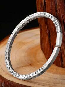 1pc Vintage Classic Square Design Open Bangle, Bohemian Cuff Bracelet, Suitable For Men's Daily Wear, Ideal Holiday Gift - Silver - View 3