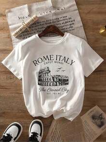 Enkel sommartopp för kvinnor, avslappnad T-shirt med tryck av Romas Kolosseum, stretchigt polyesternätmaterial, korta ärmar, klassisk passform för alla årstider, bomulls-T-shirt, sommaroutfit för män. - Vitt - Visa 1