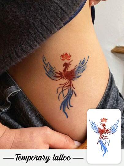 1 Tatuaje Temporal - Diseño de tatuaje cuadrado simple de loto y fénix de estilo chino con degradado rojo y azul, tatuaje temporal lavable de PVC de un solo uso, resistente al agua y al sudor, adecuado para manos, brazos, cintura, abdomen, espalda, piernas (sin reflejo), diseño de tatuaje realista, adecuado para viajes, festivales de música, juegos, regalos de graduación, uso diario. Dura de 3 a 5 días.