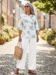 Conjunto casual diario de blusa con cuello en V y estampado floral y pantalones para mujeres de mediana edad y mayores - Multicolor - Ver 6