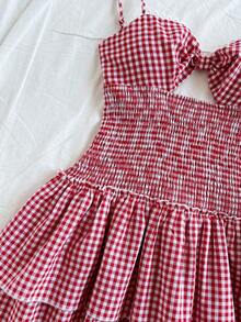 Vestido mini con doble capa de volantes en la parte baja, cintura baja, espalda descubierta y lazo, en estilo de guinga roja y blanca, adecuado para vacaciones, fiestas, citas, San Valentín, tardes de té - Rojo y blanco - Ver 4