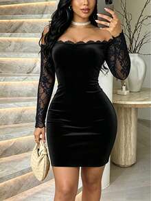 ChicMe Women's Lace Patchwork Off-Shoulder Long Sleeve Ruched Velvet Bodycon Mini Party Dress, Cocktail Party Holiday Date Outfit - Black - View 1