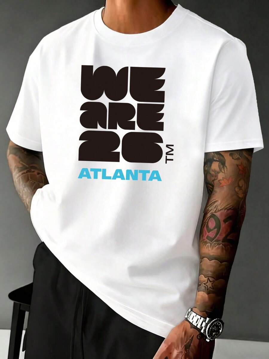 Simple And Versatile Design, Men's T-Shirt, Atlanta World Cup Pattern Print, Comfortable And Breathable Summer Sports T-Shirt, Fitness Sports T-Shirt, Cotton T-Shirt. - 白色 - 查看 1
