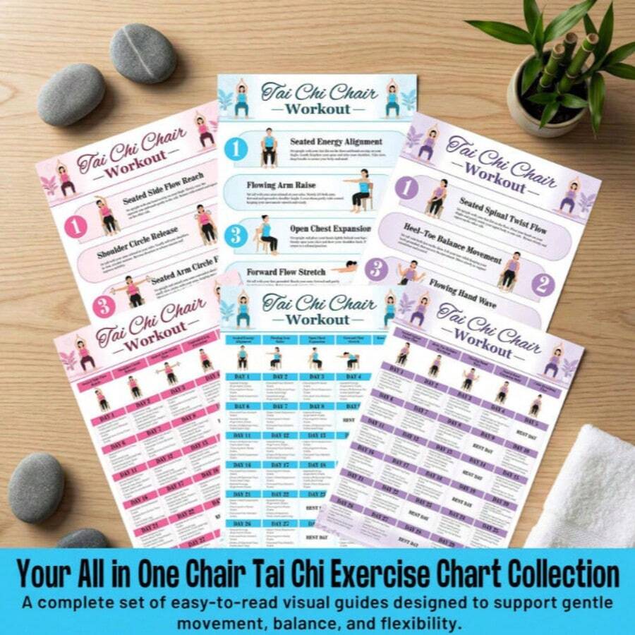 Tai Chi Chair Practice Guide, Instructional Aerial Yoga Style Poster, Includes Chest, Back, Leg And Core Workout Plan | Bodyweight Exercises For Women And Beginners, Easy To Read Home Gym Decor Fitness Wall Art