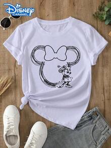 Disney Women's T-Shirt With A Mickey Mouse Cartoon Print. Spring/Summer Style Women's T-Shirt With A Round Neckline. The Fabric Is Soft, Comfortable, And Breathable, Suitable For Daily Use, Shopping, Traveling, Parties, And Even At Home. It Also Makes A Lovely Gift. Every Lady Deserves To Own One. - trắng - Xem 1