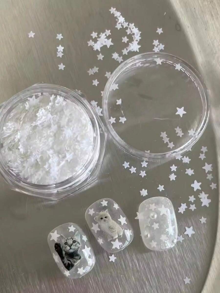 1 Box Mixed Size White Star Nail Sequins, INS Style Nail Art Decorations, Handmade Nail Accessories, Versatile & Elegant Nail Salon Supplies - Multicolor - View 1