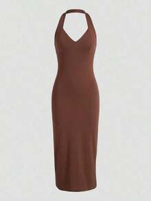 Vestido halter ajustado de moda en color marrón para mujer - Marrón - Ver 3