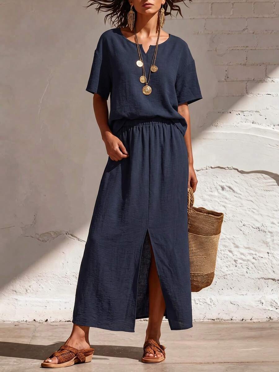 Elegant Minimalist Dark Linen Vacation Set, Navy Blue Notched Collar Loose Top And Front Slit Long Skirt Vacation Outfit - Navy Blue - View 1