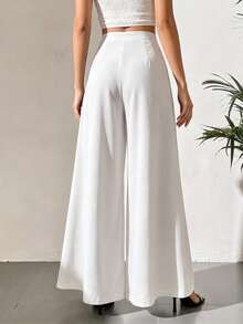 Women High Waisted Wide Leg Palazzo Pants Dressy Casual Chiffon Slacks Comfy Elastic Waist Work Lounge Trousers Loose Flowy Drape Culottes - White - View 3