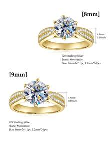 XUJIA 1件 2克拉/3克拉莫桑鑽女款訂婚戒指，14K鍍金925純銀，8mm/9mm D色VVS1莫桑鑽戒指，女性珠寶禮物 - 金黃色 - 查看 6