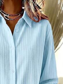 Casual Fashion Striped Plus Size Women's Button-Up Lightweight Breathable Long Sleeve Shirt Blouse - Light Blue - View 3