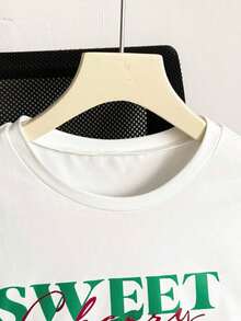 Camiseta casual de mujer de manga corta con cuello redondo, estampado de letras y flores de cerezo de verano - Blanco - Ver 4