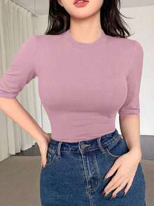 Camiseta interior de mujer de verano de cuello alto, manga corta, ajustada, con estilo envolvente, sexy, minimalista y de unicolor - Rosa 2 - Ver 1