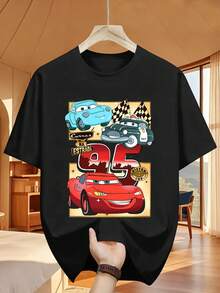 Disney "Racing Story" Lightning McQueen Matches Classic Racing Characters With No. 95 Logo Retro Style Printed Men's T-Shirt Fashion Design Simple And Versatile, Fashion Design Crew Neck Men's Twill Fabric T-Shirt Edging Summer Casual Men's T-Shirt - 黑色 - 查看 6