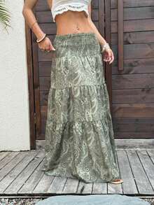 Women's Long Bohemian Print Skirt, Casual For Vacation And Everyday Wear, Spring/Summer - Hijau - View 5
