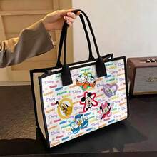 Miniso 迪士尼米奇和朋友帆布手提袋，可爱印花配粉色滚边，大容量帆布单肩包，适合购物、上学、通勤和旅行 - 白色 - 查看 2