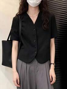 優雅女款V領短袖黑色西裝外套，夏季通勤短版西裝外套開襟上衣 - 黑色 - 查看 5