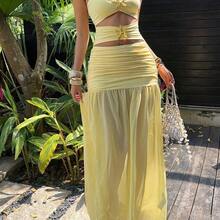 Vestido largo de vacaciones elegante con cintura ceñida, decoración de estrella de mar y abertura alta en color amarillo claro - Amarillo claro - Ver 7