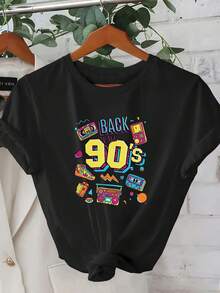 Women's Summer Short Sleeve T-Shirt, 1 Piece - Vintage 90s Geometric 2D Graphic Print, Full Of Nostalgic Elements.  Urban Style | Youthful Design | Comfortable Fit, Cute Clothing - 黑色 - 查看 1