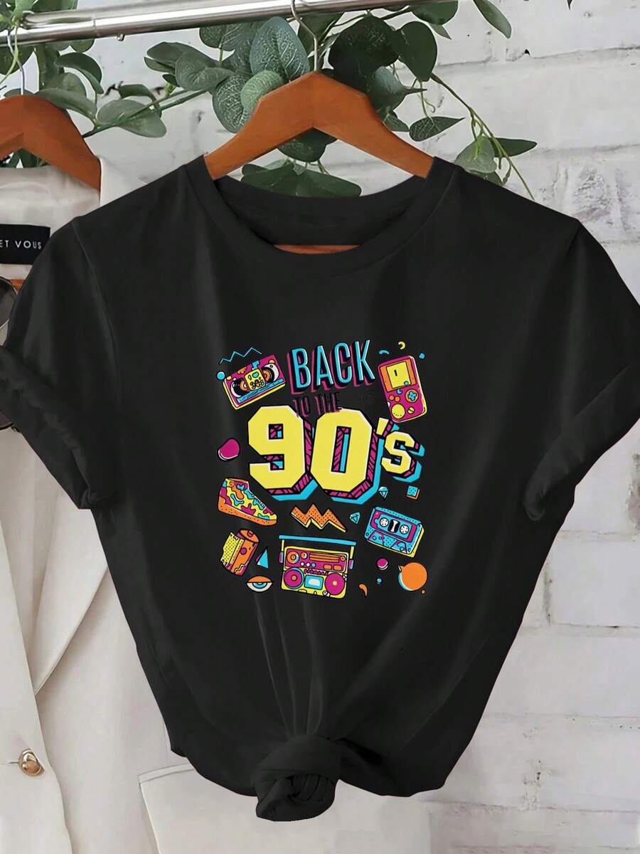 Women's Summer Short Sleeve T-Shirt, 1 Piece - Vintage 90s Geometric 2D Graphic Print, Full Of Nostalgic Elements. Urban Style | Youthful Design | Comfortable Fit, Cute Clothing - 黑色 - 查看 1