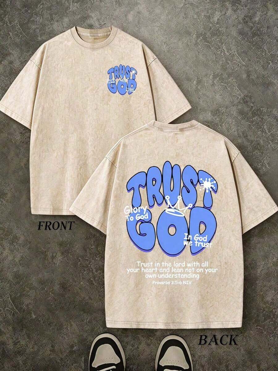 Men's Plus Size Christian Graphic Tees – "TRUST GOD", Colorful Graphic Tees, Vintage Washed Tees, Oversized Men's Tees, 230g 100% Cotton, Unisex Tops, Plus Size Summer Tops, Men's Summer Streetwear Tees, Christian Tees. - 白色 - 查看 1