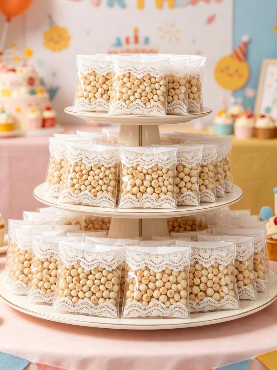 100入蕾絲飾邊自黏透明密封糖果袋，蕾絲設計生日密封袋、烘焙袋，適用嬰兒派對裝飾、婚禮糖果裝飾禮品袋、寶寶性別揭曉派對裝飾用品、嬰兒主題派對裝飾、婚禮裝飾、烘焙餅乾袋、廚房包裝用品、新生兒禮物、生日禮物、派對小禮品填充物