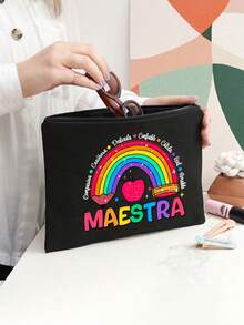 彩虹色「Maestra」字體教師主題托特包，購物袋，多功能手提包，教師感謝禮物，女士亞麻大容量托特包。創新設計便攜休閒收納肩背包。便攜化妝品收納袋，適用於學校用品、化妝品和文具。姊妹禮物，最佳教師禮物，生日禮物，週年紀念禮物，畢業禮物，創意教師禮物，教師節禮物 - 彩色 - 查看 8