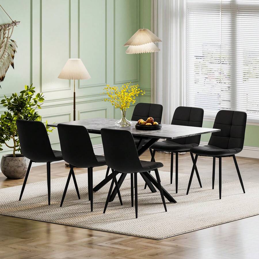 Luxstein Extendable Dining Table And Chairs Set Of 4, Concrete Effect Rectangular Table With Upholstered Linen Chairs For Dining Room, Kitchen - 混凝土色餐桌+黑色麻布餐椅 - 查看 1