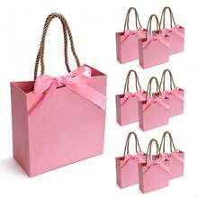 Conjunto de 10 sacolas de presente com alça, tamanho aproximado de 14,9 x 6,9 x 11,9 cm, com a palavra "Obrigado" em dourado, pequenas sacolas de papel com laço, ideais para Natal, casamentos, festas de aniversário, etc. (Rosa) - Ver 7