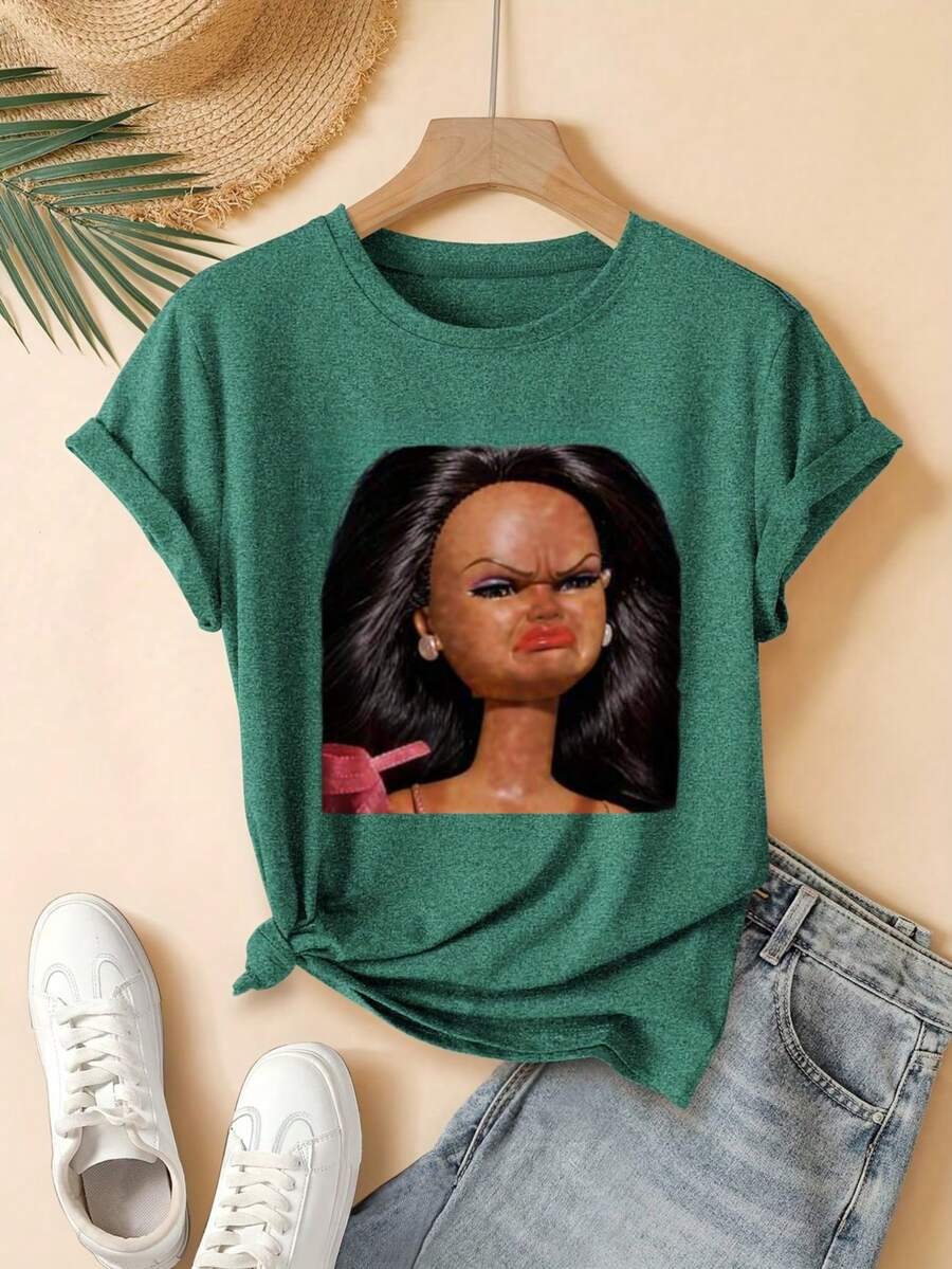 Doll Face Print Digital Print Short Sleeve Unisex Pure Cotton Loose And Comfortable - 綠色 - 查看 1
