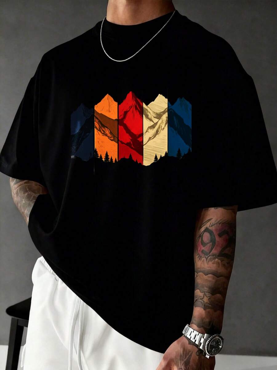 Men's Urban Style T-Shirt, Mountain Print, Colorful Abstract Art, Machine Washable, Casual For Daily Wear, Fitness And Outdoors | Sports And Casual T-Shirts - 黑色 - 查看 1