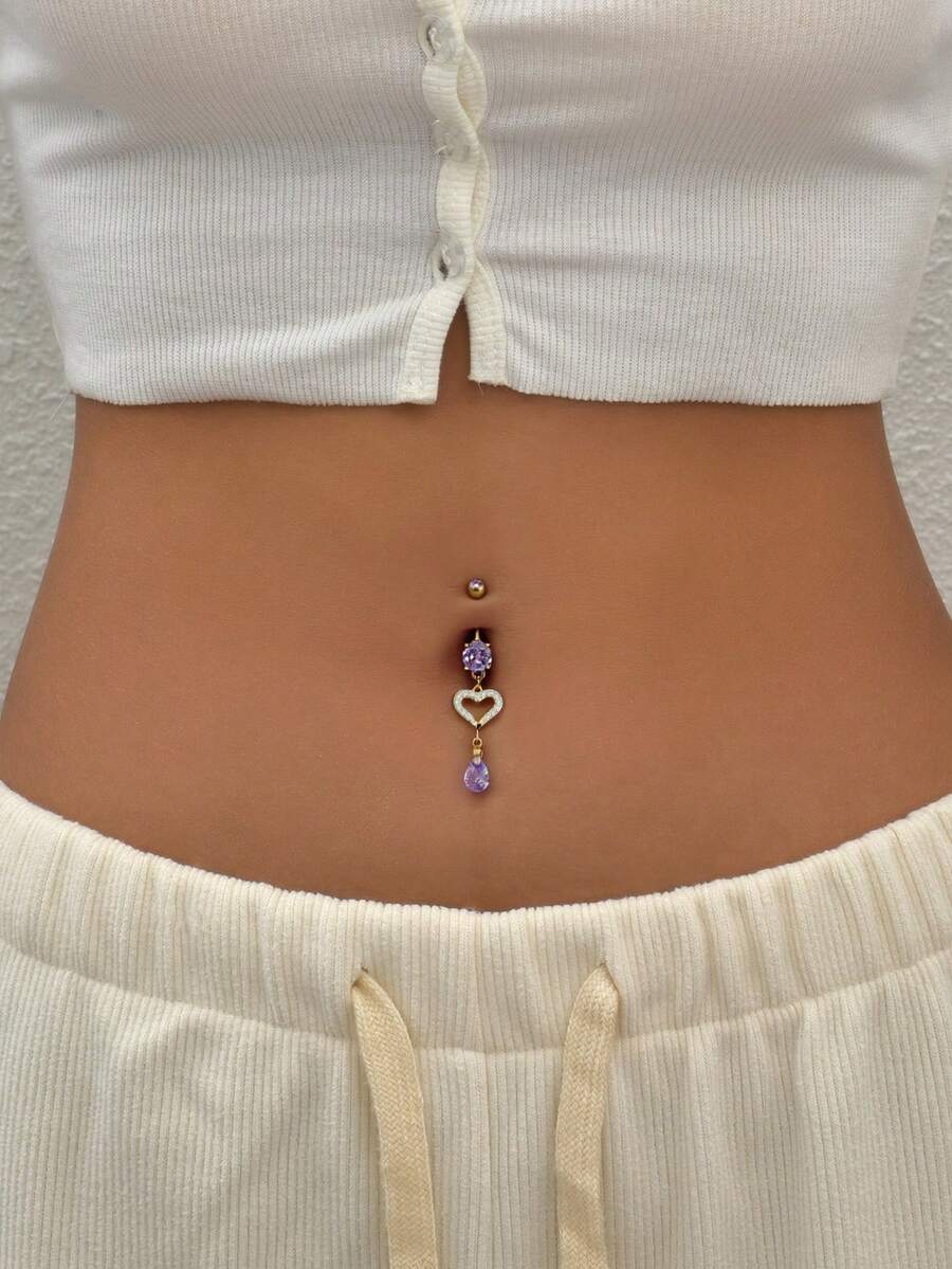 BR211 Creative Women's Heart-Shaped Zirconia Long Navel Ring Sexy Women's Piercing Body Jewelry - Yellow Gold - View 1