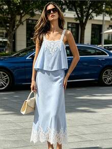 ZAHM Áo camisole rộng rãi phối ren tương phản thời trang nữ - Màu xanh nhạt - Xem 11