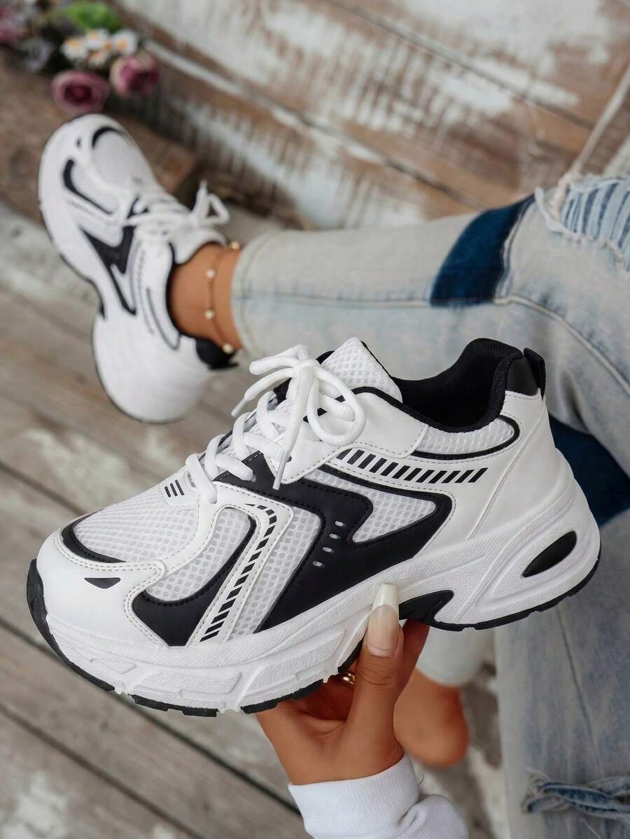 Women's Color - Block Chunky Sneakers, Mesh - Breathable, Retro Dad - Shoe Style, Comfortable For Running And Casual Sports .Soft Leather Thick-Soled Height-Enhancing Sneakers, Women's Breathable Mesh 2025 Spring, Summer And Autumn New Casual Running Shoes, Music Festival Millennial Style Back To School Must-Have - 628 Đen - Xem 1