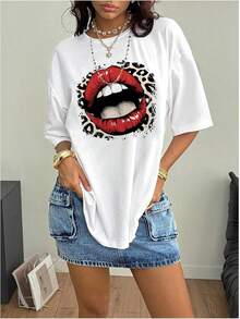 Y2K - Women's T-Shirts With Lip Print, Round Neck, Short Sleeve, Loose Fit And Versatile Shirt - 白色 D - 查看 2