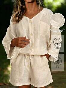 Conjunto de 2 piezas de camisa y shorts de unicolor para mujer - Azul marino - Ver 7