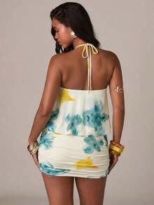 Vestido casual de vacaciones para mujer con cuello halter, espalda descubierta, decoración metálica, malla, estampado de rayas marrones, elegante y sexy, adecuado para playa, vacaciones con hermanas, vestido de vacaciones con estampado de rayas, vestido de verano, vestido de rayas, vestido casual de vacaciones, vestido mini a rayas, Y2K - Amarillo 2 - Ver 2