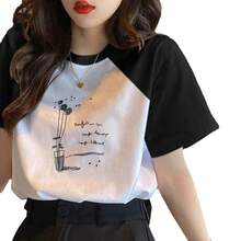 Women's Short-Sleeved T-Shirt In Pure Cotton With Color Blocks, A New Loose And Versatile Blouse For Spring And Summer. - 黑色袖 水瓶花朵 - 查看 2