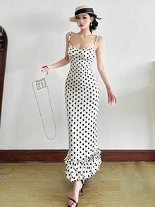 Women's Polka Dot Dress, Short Sleeve, Long Length, Suitable For Commuting, Office Casual, Cute And Stylish, Figure-Flattering, Elegant, Retro, Spring/Summer. - Black and White - View 8