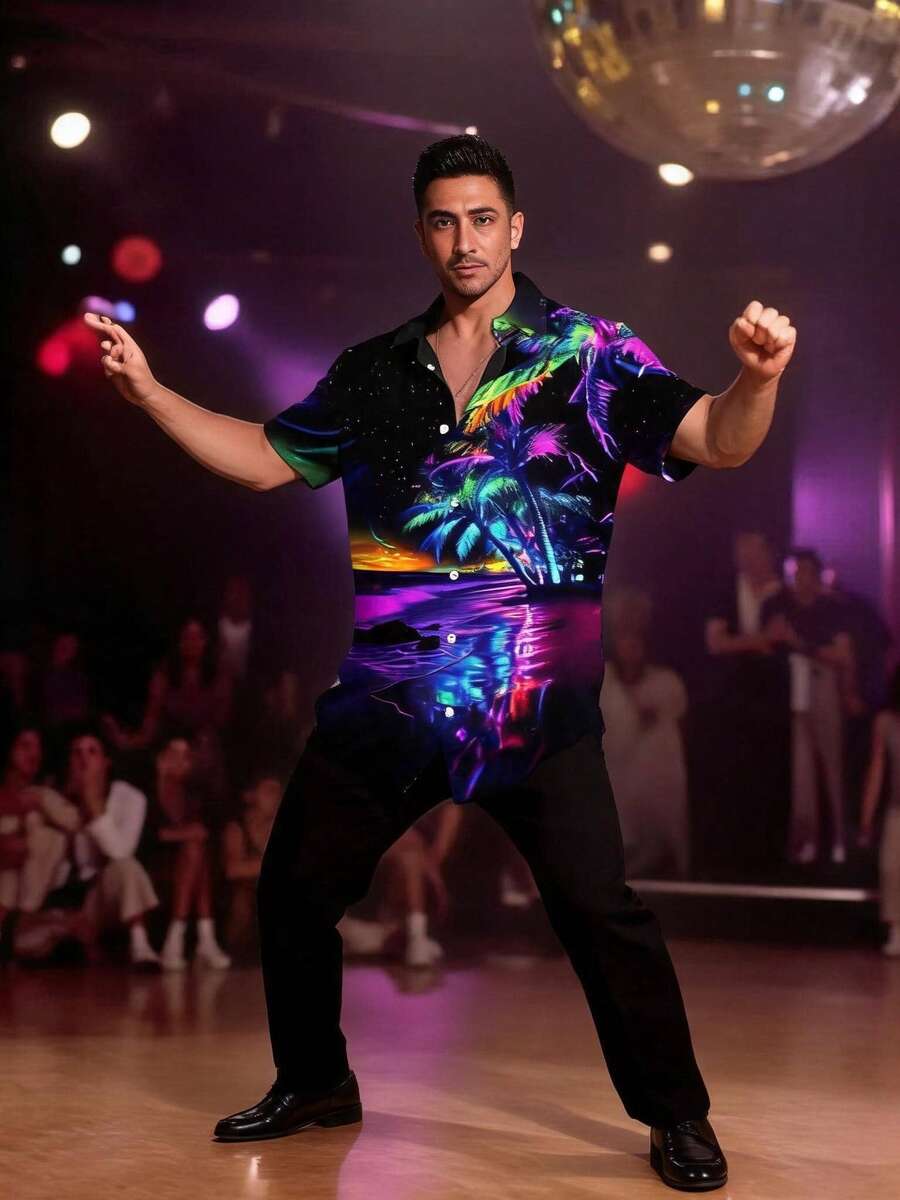 Chemise hawaïenne Aloha à boutons pour hommes avec imprimé botanique dégradé coloré - Noir - Voir 1